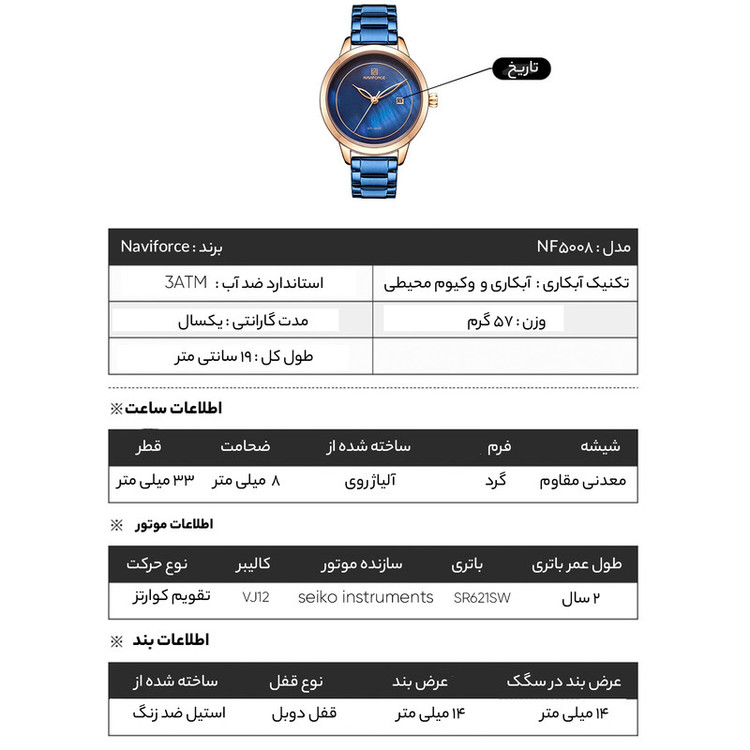 ساعت مچی عقربه ای زنانه نیوی فورس مدل NF5008-RGBE