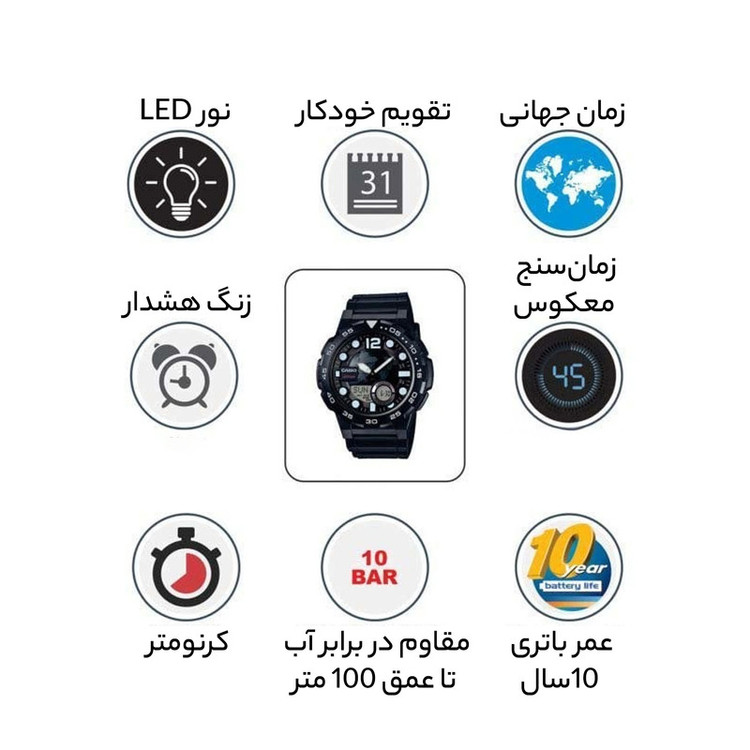 ساعت مچی عقربه ای مردانه کوارتز کرنوگراف کاسیو مدل AEQ-100W-1AVDF