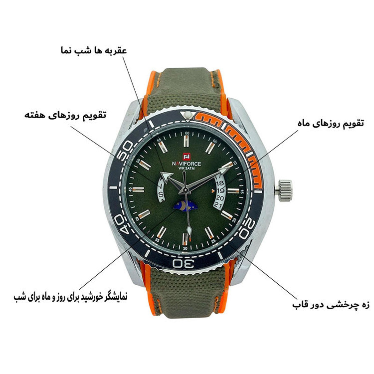 ساعت مچی عقربهای کوارتز مردانه نیوی فورس مدل دو تاریخه کد NF9724-GR.GR.OG
